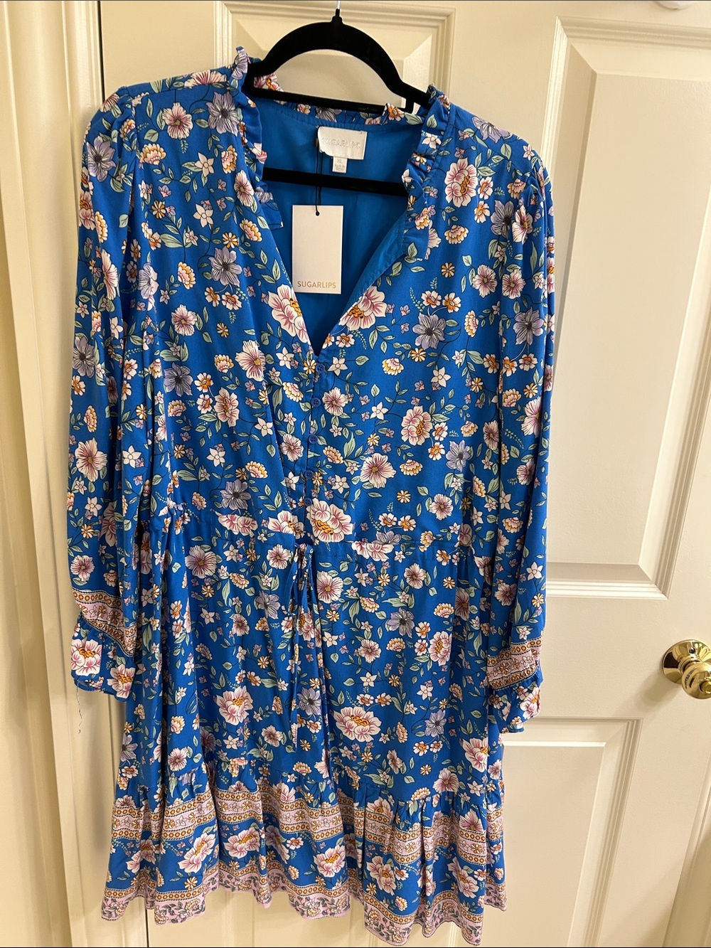 Sugarlips Blue Floral Tie-Waist Long Sleeve Dress